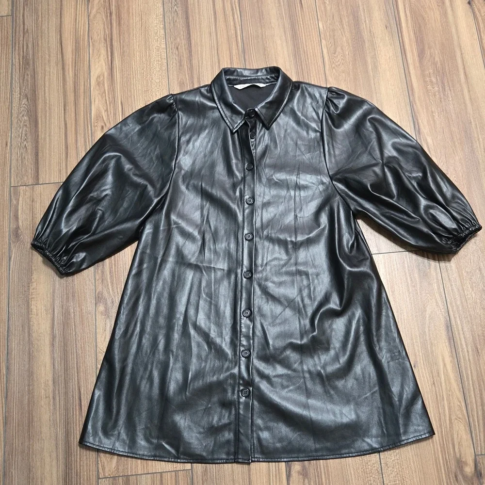 Zara Black Faux Leather Puff Sleeve Button Down Shirt Dress TunicLarge 4369/250 - Picture 3 of 12
